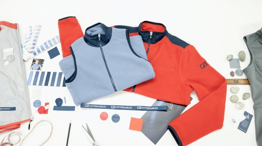 Red jacket, blue vest, color samples from Cutter & Buck
