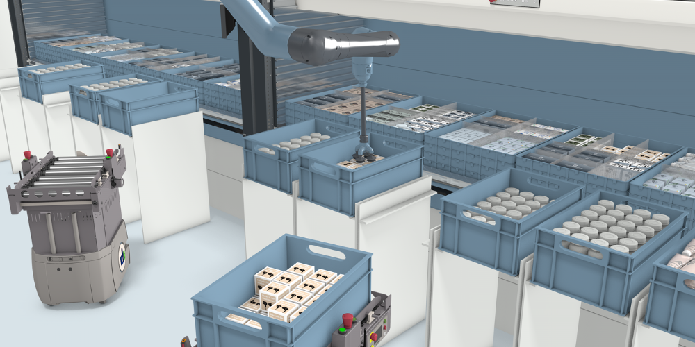 Completely automated picking station with AMRs and robotic arms integrated with a VLM