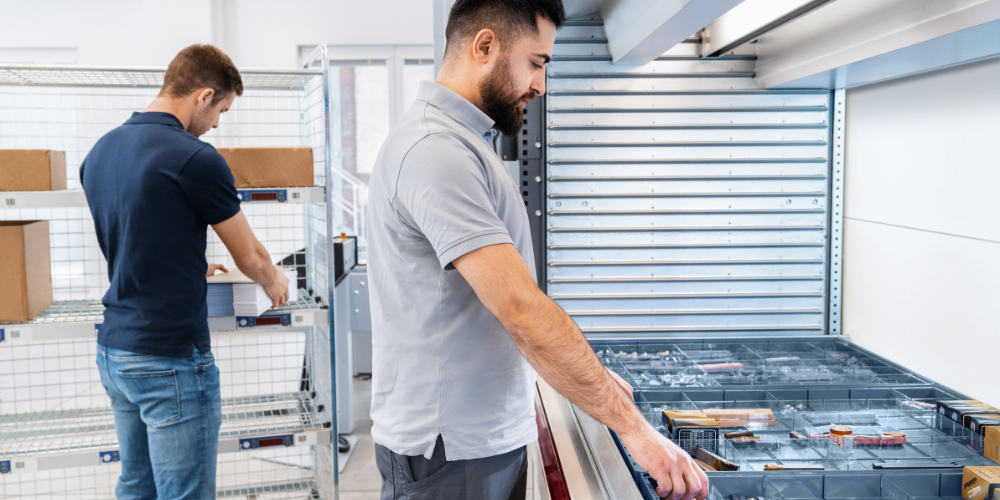 Two pickers fill an order from a VLM