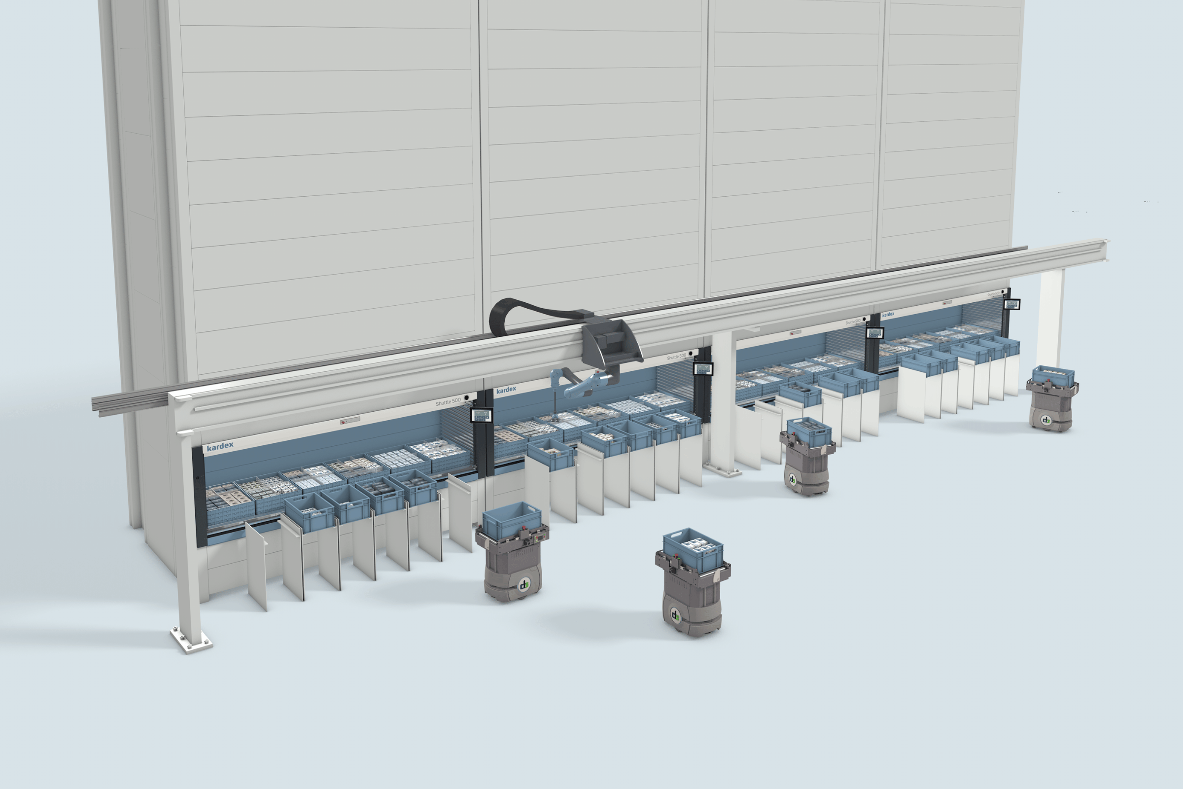 a graphic showing how four AMRs interact simulltaneously with four vertical lift modules