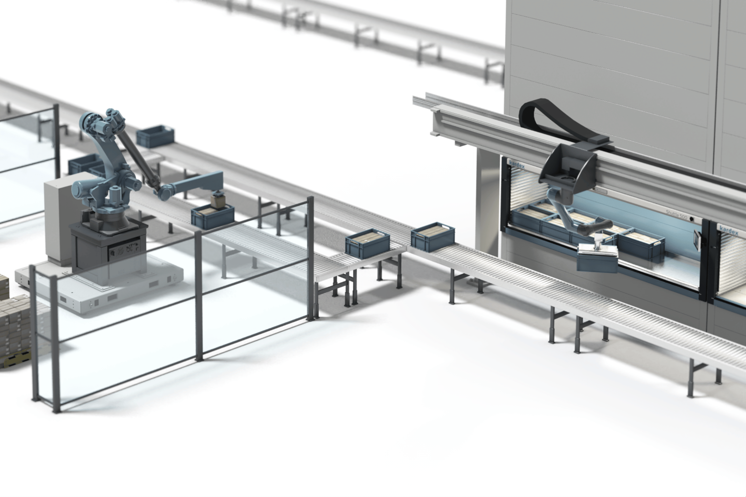 example setup of production line automation with vlms, amrs, conveyors, and robotic picking arms sending totes