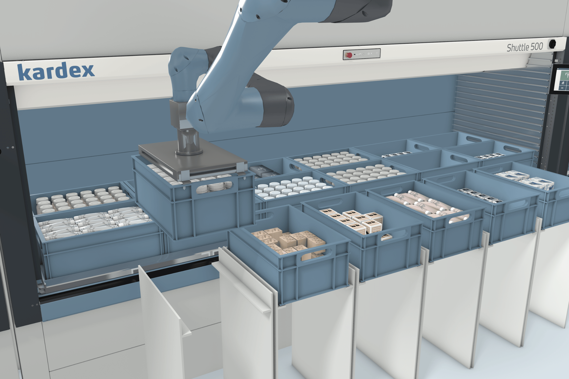 a graphic showing how a robotic arm can pick up an entire tray to load onto an AMR