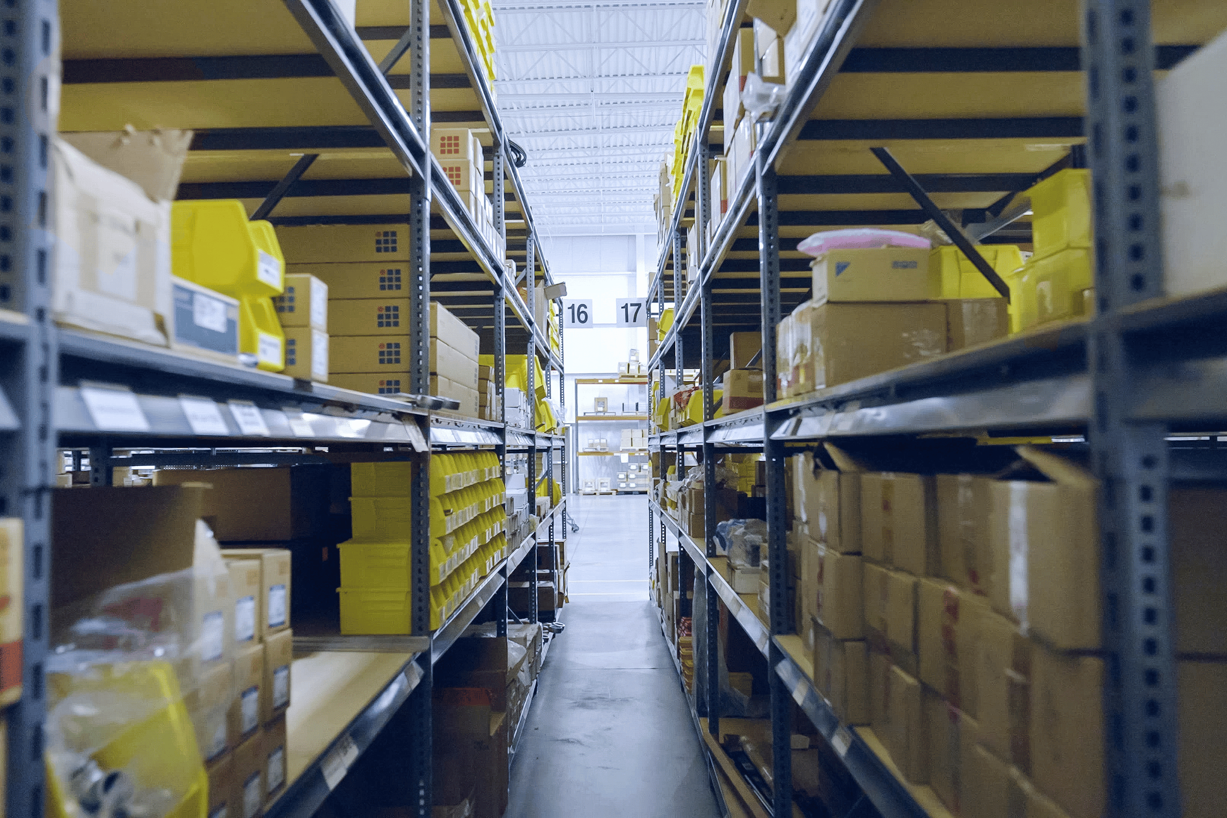 small parts stored on traditional rack shelves