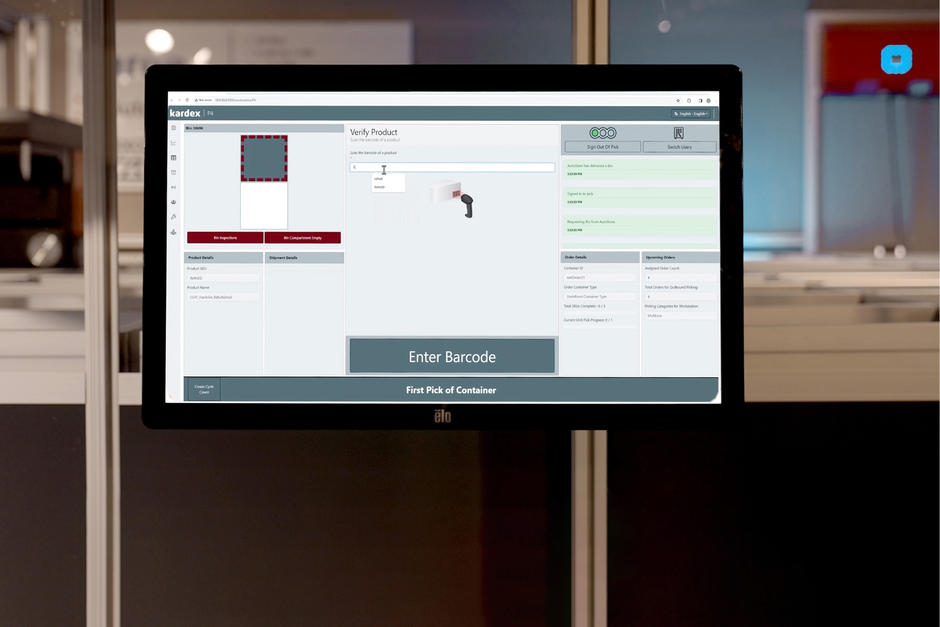 Kardex FulfillX Software interace with prompt to enter barcode